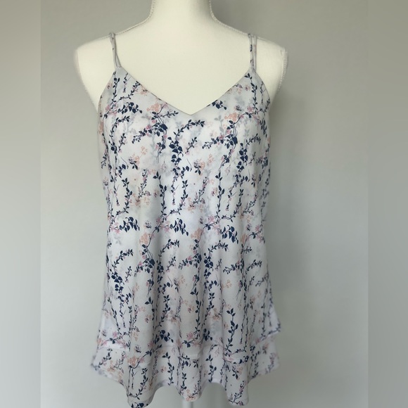 Floral Flowy Flared Chiffon White and Blue Camisole Blouse Tank Top 2-tiered - Picture 1 of 9